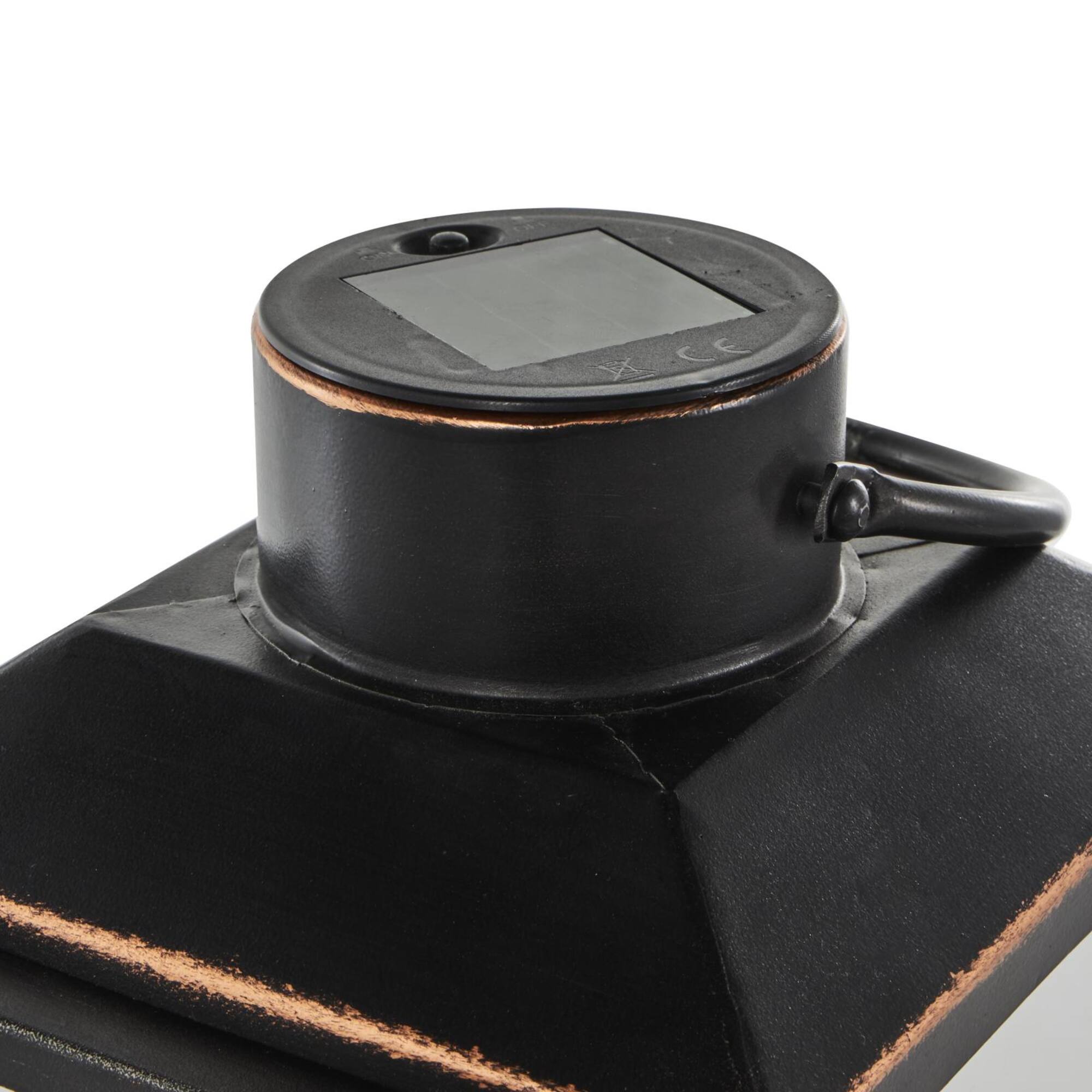 14" Black Metal Modern Candle Lantern with Gold Accents